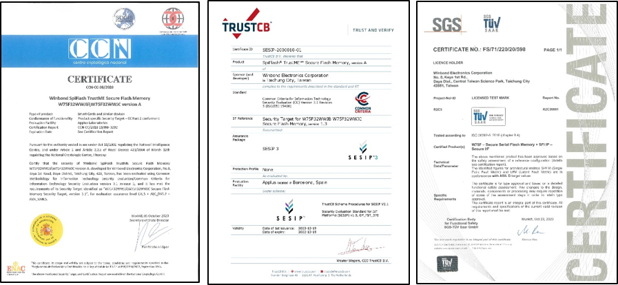 W75F Secure Flash Solution is the first secure flash memory device to gain a Common Criteria (CC) EAL5+ certificate. 