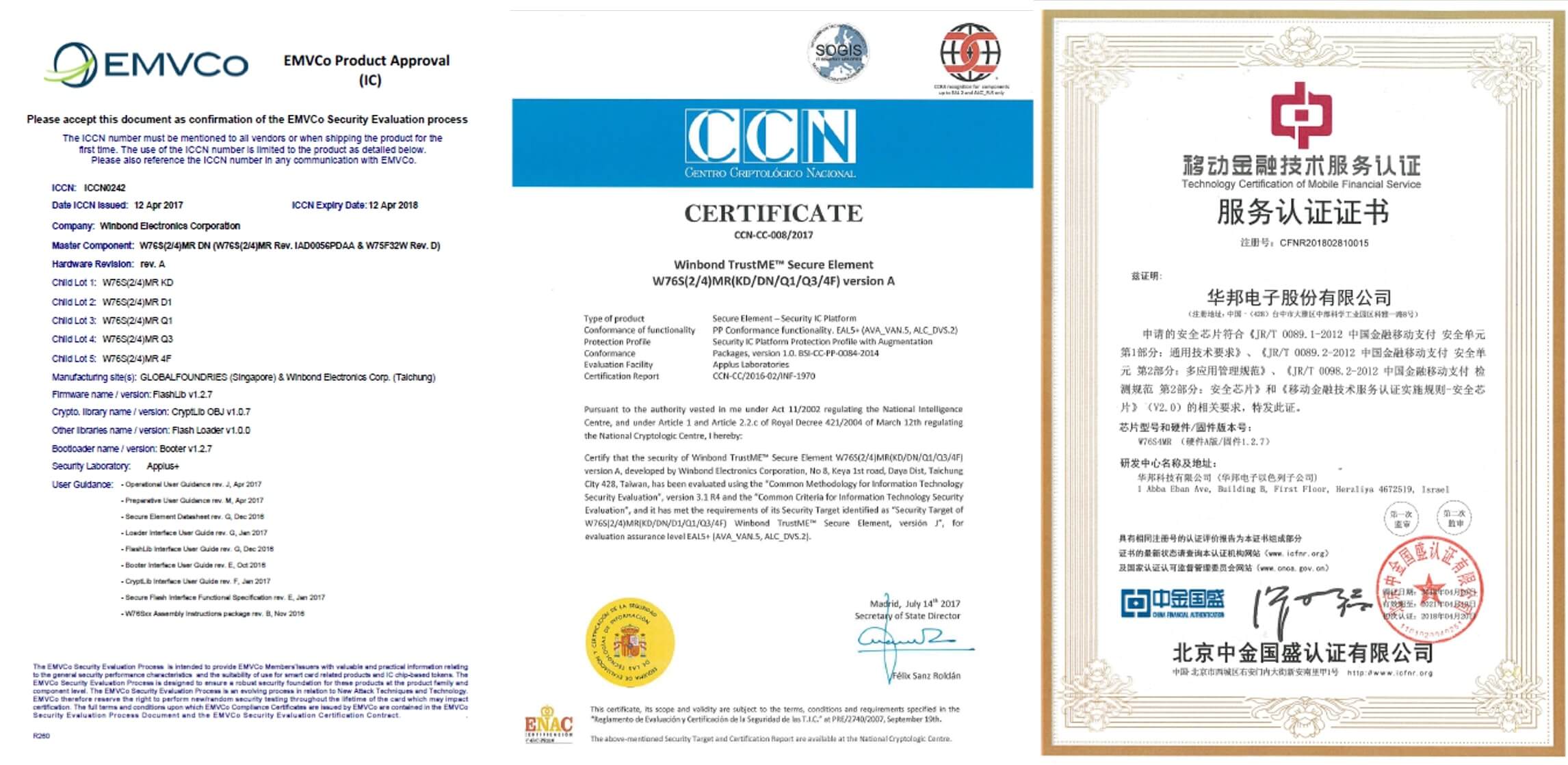 The W76S Secure Memory Element has passed Common Criteria EAL5+, EMVCo and CFNR (China Financial National Rising Authentication) certification